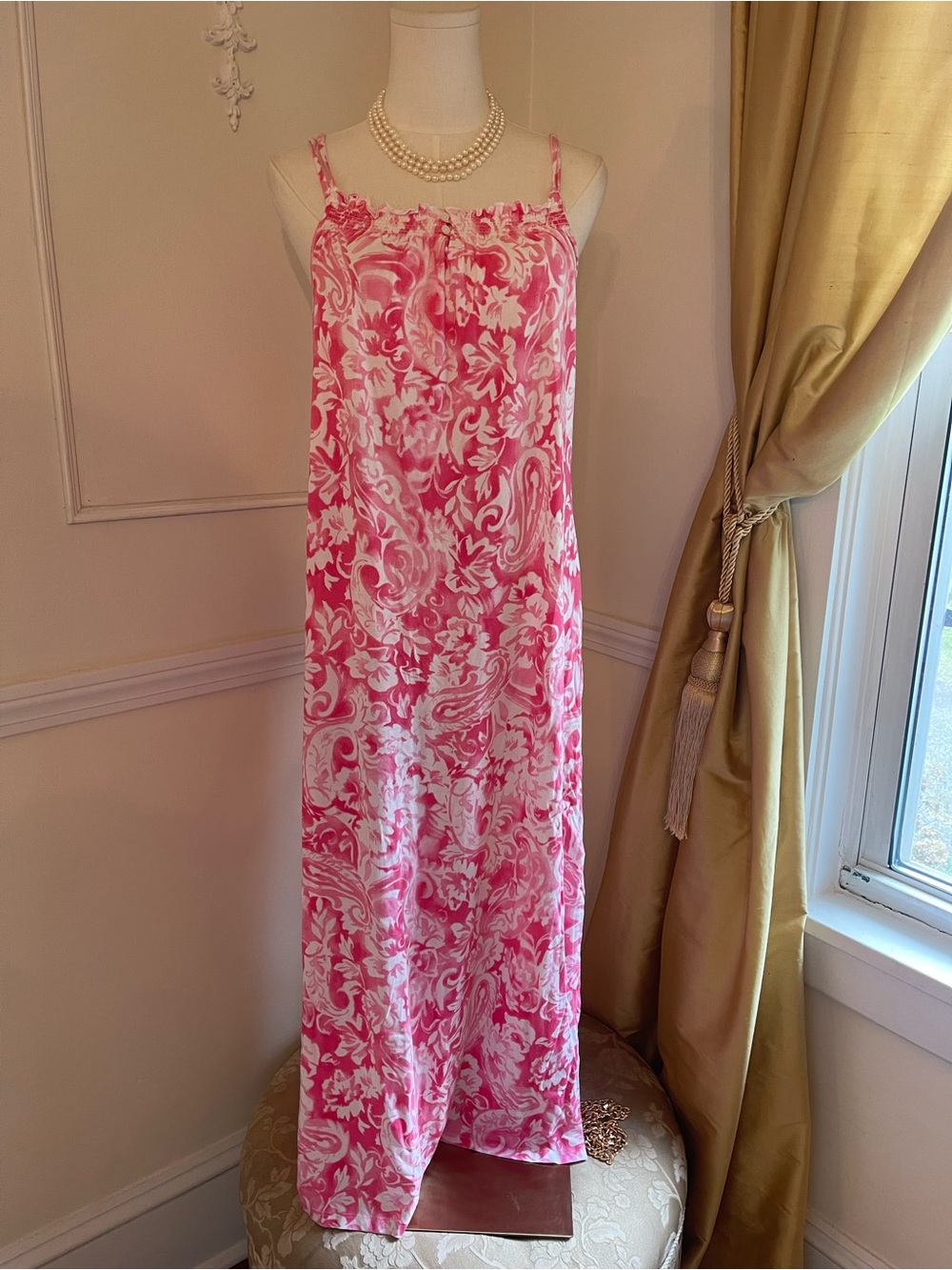 Lauren Ralph Lauren Pink and White Floral Maxi Beachy Slip Dress w Pockets
